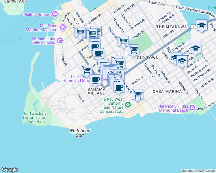 map of restaurants, bars, coffee shops, grocery stores, and more near 1004 Duval Street in Key West