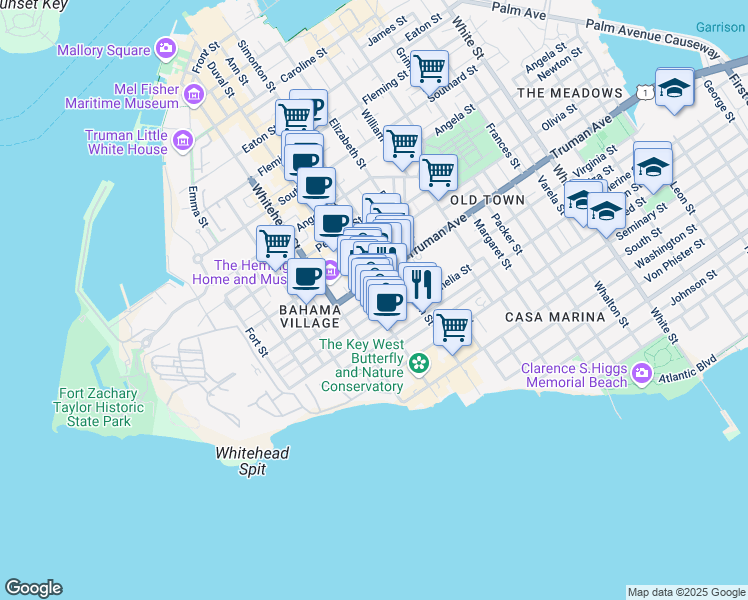 map of restaurants, bars, coffee shops, grocery stores, and more near 518 Virginia Street in Key West