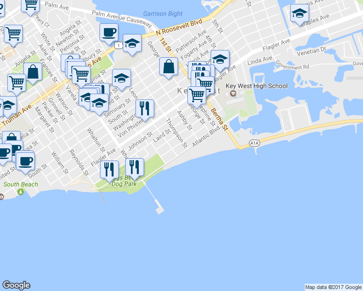 map of restaurants, bars, coffee shops, grocery stores, and more near 1520 Patricia Street in Key West
