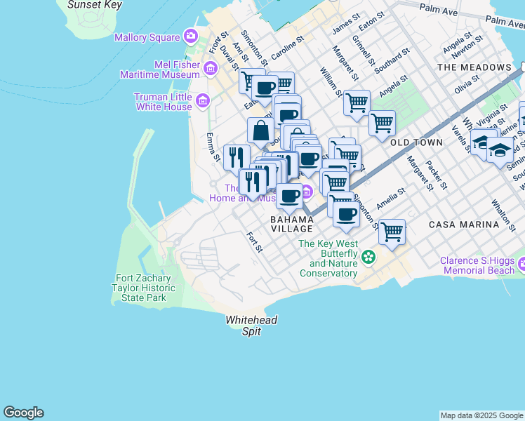 map of restaurants, bars, coffee shops, grocery stores, and more near 800 Emma Street in Key West