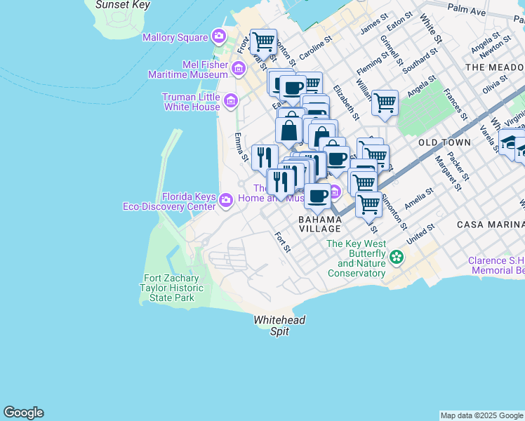 map of restaurants, bars, coffee shops, grocery stores, and more near 918 Fort Street in Key West