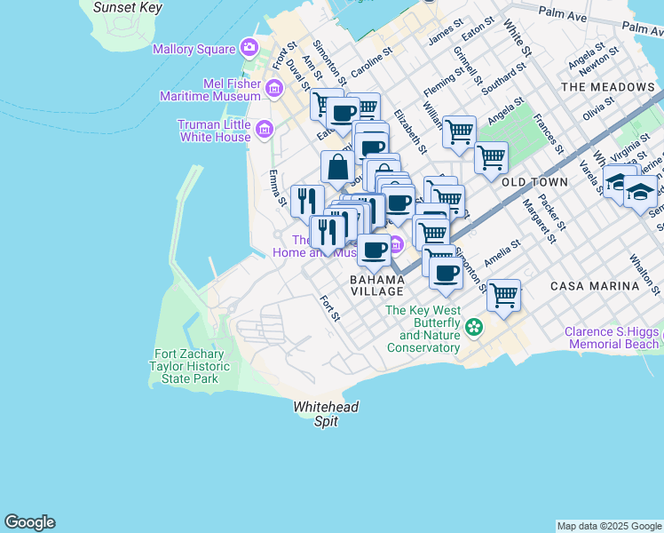map of restaurants, bars, coffee shops, grocery stores, and more near 800 Emma Street in Key West