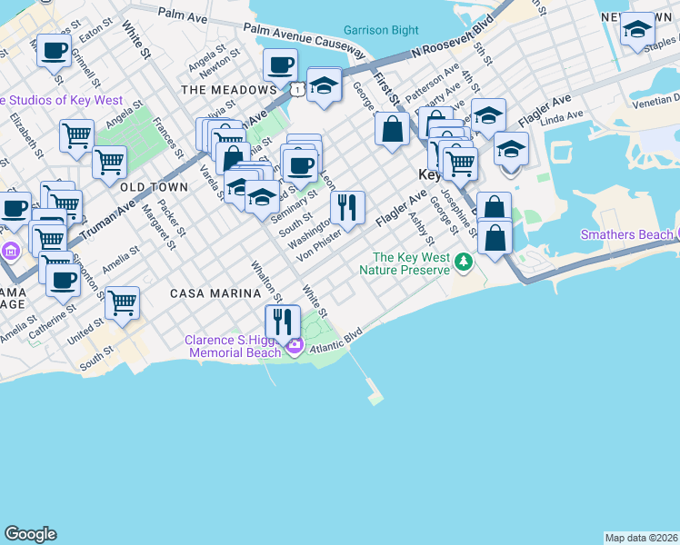 map of restaurants, bars, coffee shops, grocery stores, and more near 1328 Laird Street in Key West