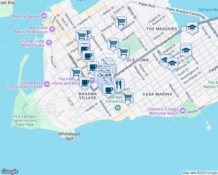 map of restaurants, bars, coffee shops, grocery stores, and more near 1075 Duval Street in Key West