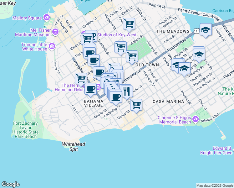 map of restaurants, bars, coffee shops, grocery stores, and more near 1075 Duval Street in Key West