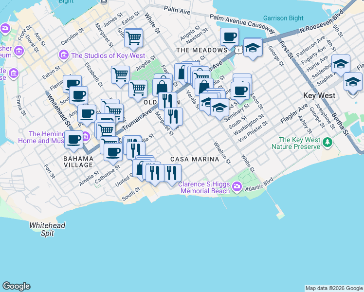 map of restaurants, bars, coffee shops, grocery stores, and more near 1316 Reynolds Street in Key West