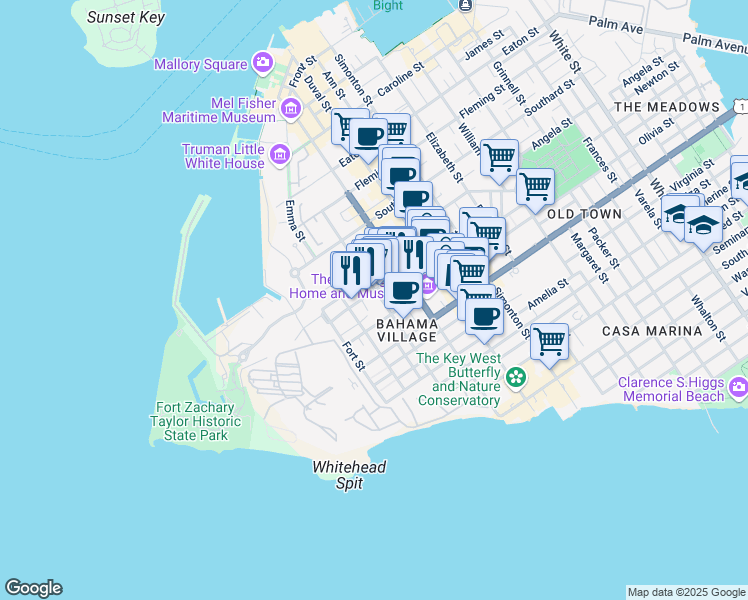 map of restaurants, bars, coffee shops, grocery stores, and more near 225 Olivia Street in Key West