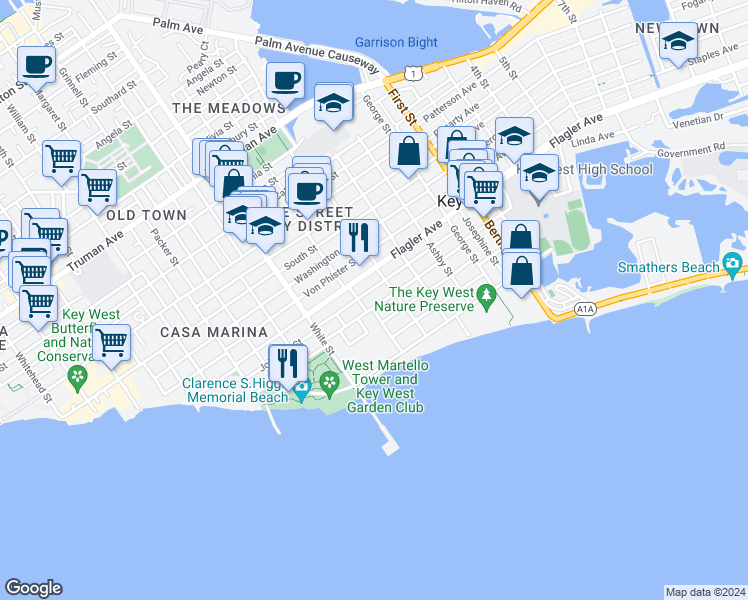map of restaurants, bars, coffee shops, grocery stores, and more near 1328 Laird Street in Key West