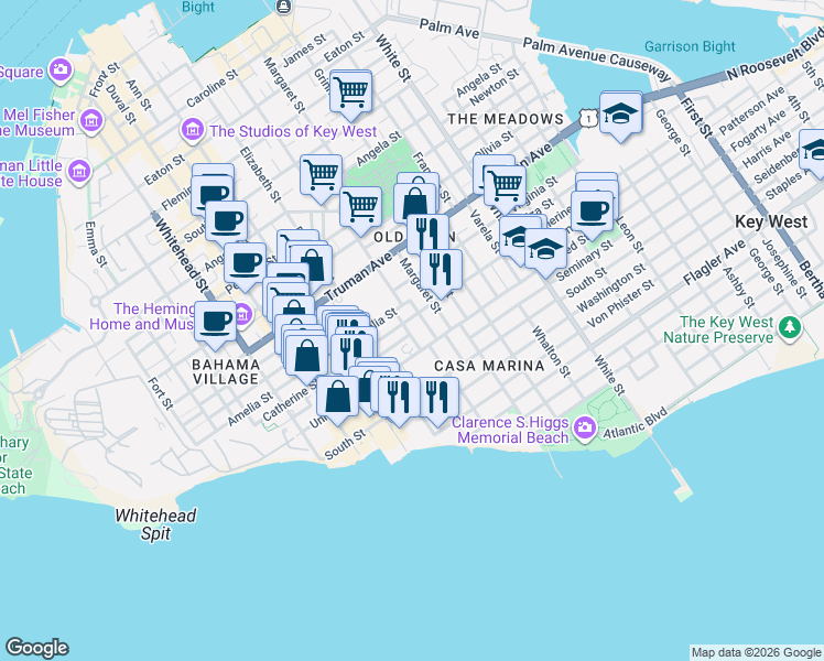 map of restaurants, bars, coffee shops, grocery stores, and more near 728 United Street in Key West
