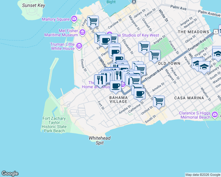 map of restaurants, bars, coffee shops, grocery stores, and more near 225 Olivia Street in Key West