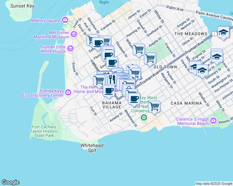 map of restaurants, bars, coffee shops, grocery stores, and more near 907 Whitehead Street in Key West