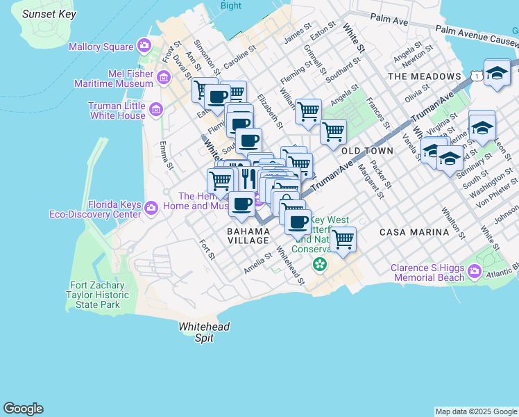 map of restaurants, bars, coffee shops, grocery stores, and more near 907 Whitehead Street in Key West