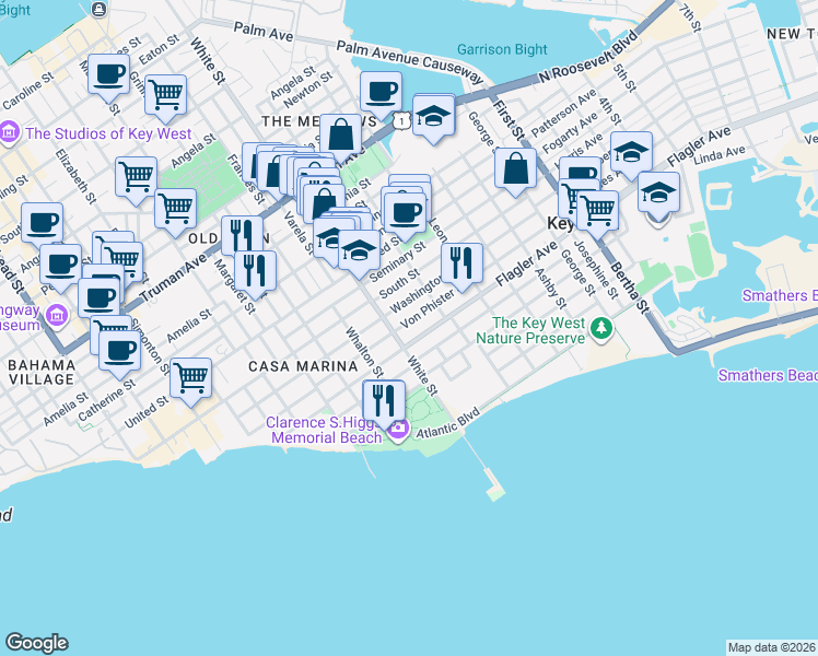 map of restaurants, bars, coffee shops, grocery stores, and more near in Key West