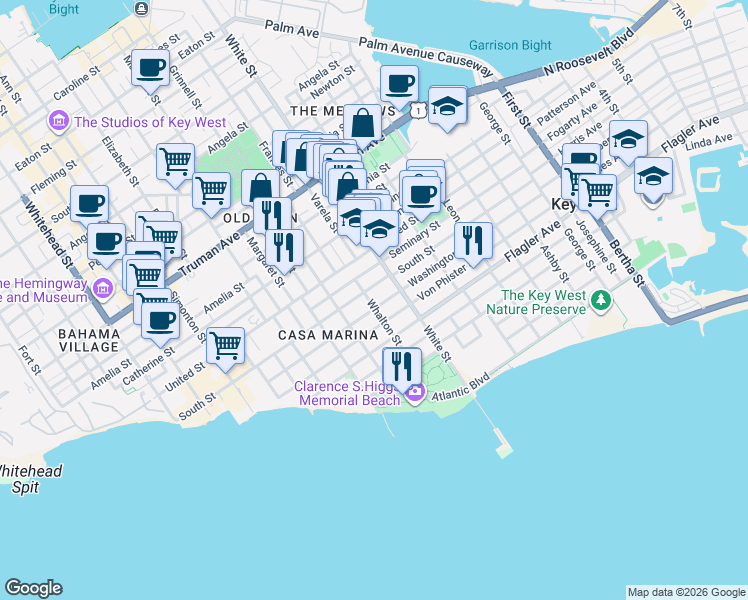 map of restaurants, bars, coffee shops, grocery stores, and more near 1115 South Street in Key West