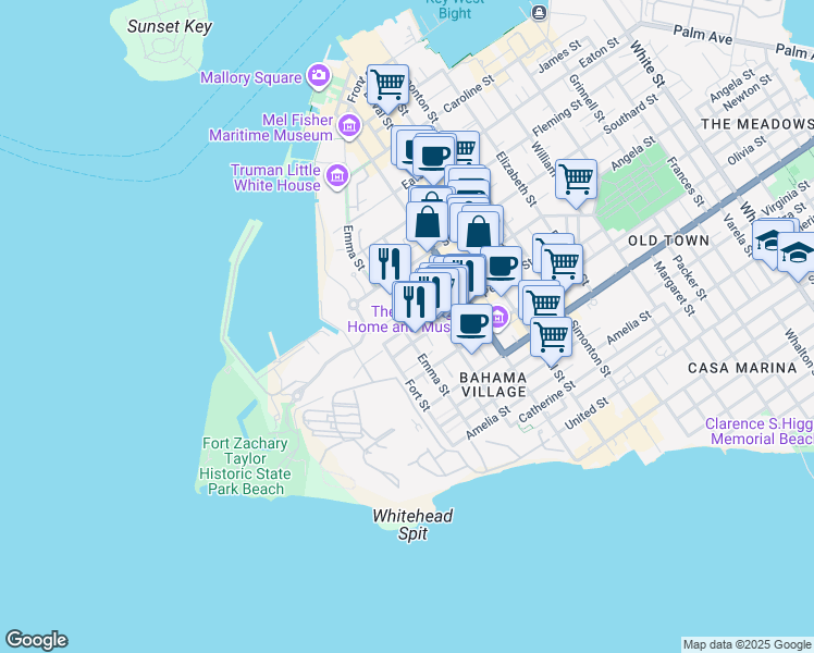 map of restaurants, bars, coffee shops, grocery stores, and more near 220 Angela Street in Key West
