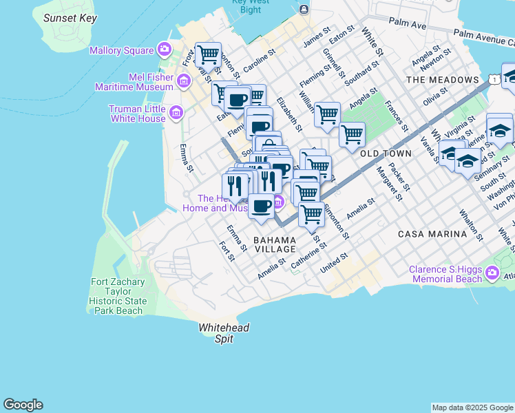 map of restaurants, bars, coffee shops, grocery stores, and more near 315 Petronia Street in Key West