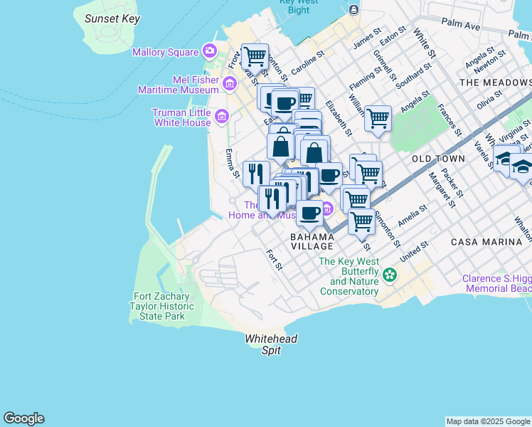 map of restaurants, bars, coffee shops, grocery stores, and more near 220 Angela Street in Key West