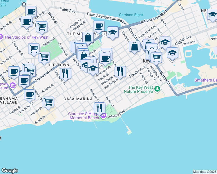 map of restaurants, bars, coffee shops, grocery stores, and more near 1430 Tropical Street in Key West