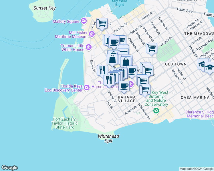 map of restaurants, bars, coffee shops, grocery stores, and more near 709 Emma Street in Key West