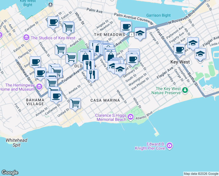 map of restaurants, bars, coffee shops, grocery stores, and more near 1005 Seminary Street in Key West