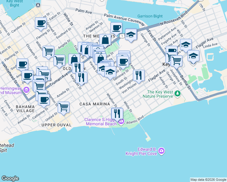 map of restaurants, bars, coffee shops, grocery stores, and more near 1115 South Street in Key West