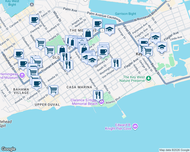 map of restaurants, bars, coffee shops, grocery stores, and more near 1115 South Street in Key West