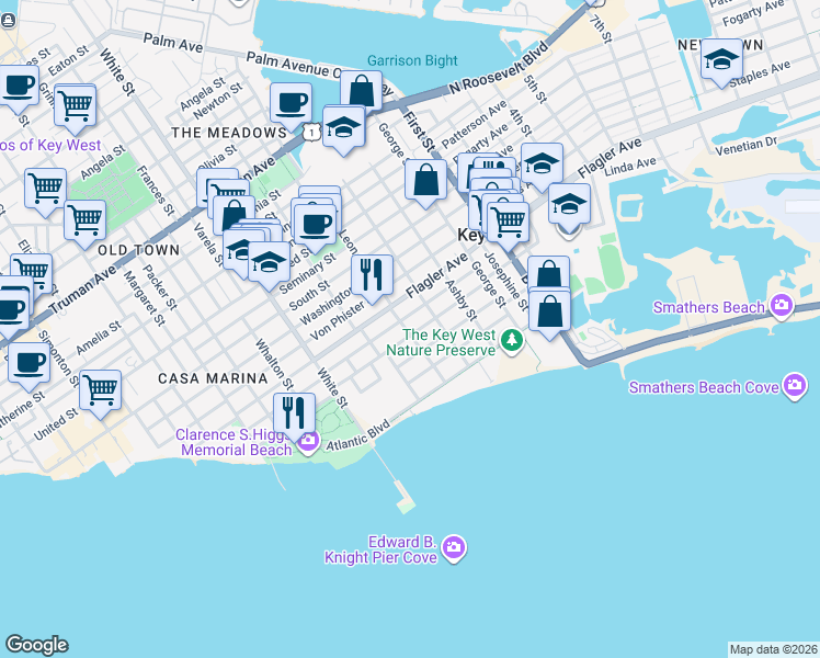 map of restaurants, bars, coffee shops, grocery stores, and more near 1509 Laird Street in Key West