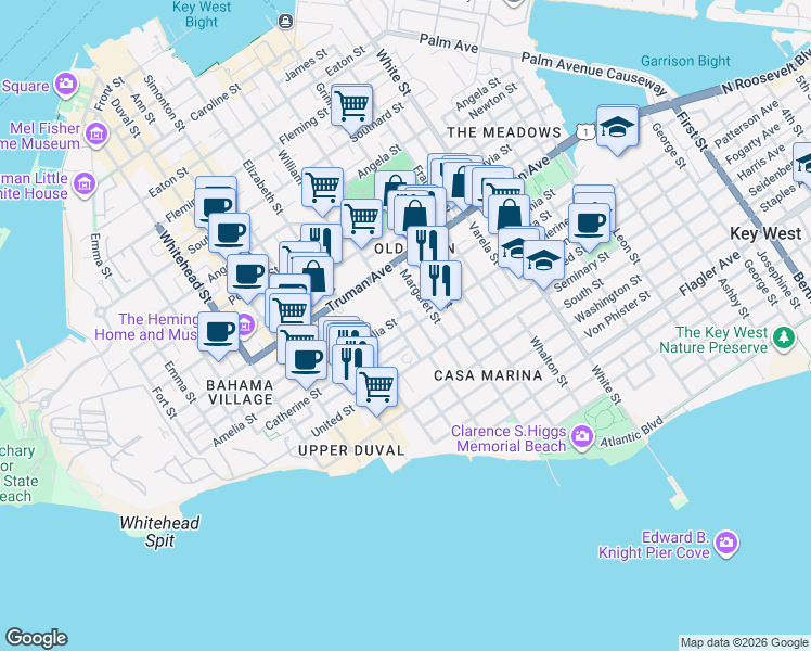 map of restaurants, bars, coffee shops, grocery stores, and more near 815 Catherine Street in Key West