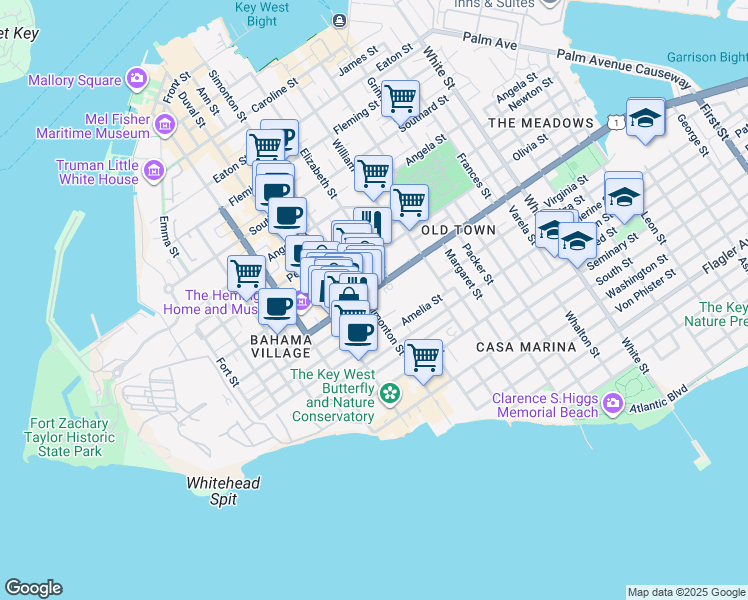 map of restaurants, bars, coffee shops, grocery stores, and more near 604 Truman Avenue in Key West