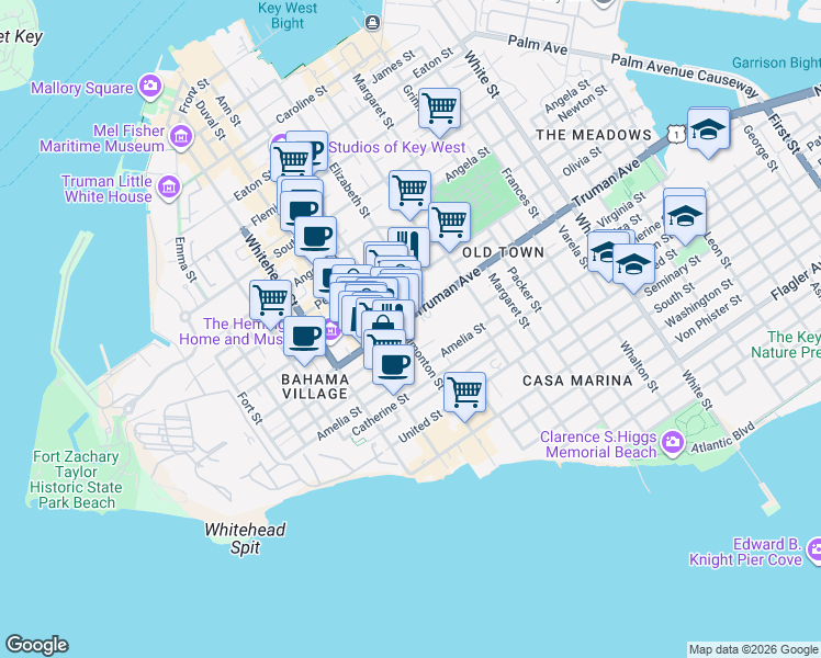 map of restaurants, bars, coffee shops, grocery stores, and more near in Key West