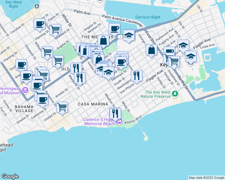 map of restaurants, bars, coffee shops, grocery stores, and more near 1129 Washington Street in Key West