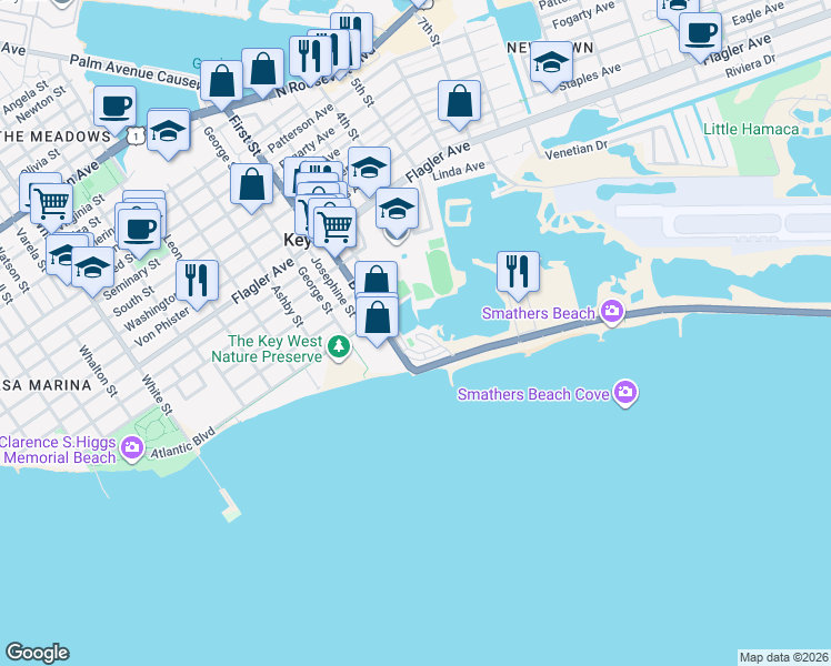 map of restaurants, bars, coffee shops, grocery stores, and more near 1809 Bertha Street in Key West