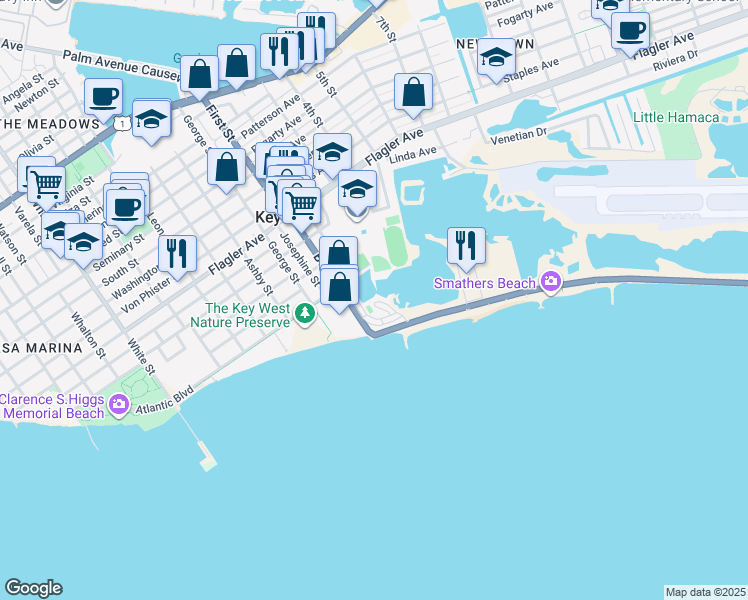 map of restaurants, bars, coffee shops, grocery stores, and more near 1809 Bertha Street in Key West