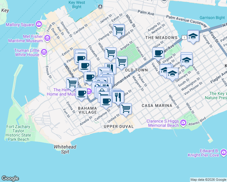 map of restaurants, bars, coffee shops, grocery stores, and more near 606 Truman Avenue in Key West