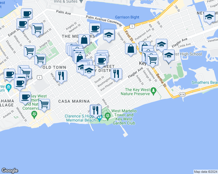 map of restaurants, bars, coffee shops, grocery stores, and more near 1430 Tropical Street in Key West
