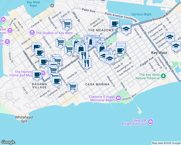 map of restaurants, bars, coffee shops, grocery stores, and more near 1221 Packer Street in Key West