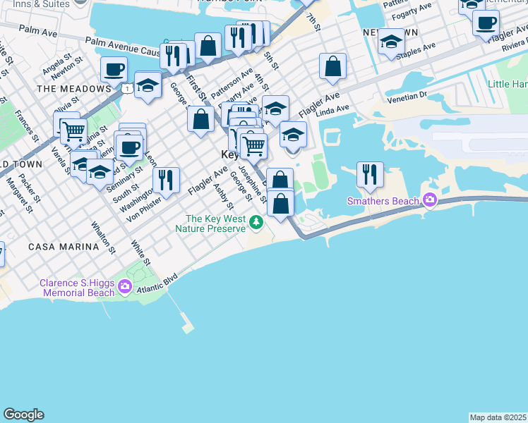 map of restaurants, bars, coffee shops, grocery stores, and more near 1815 Atlantic Boulevard in Key West