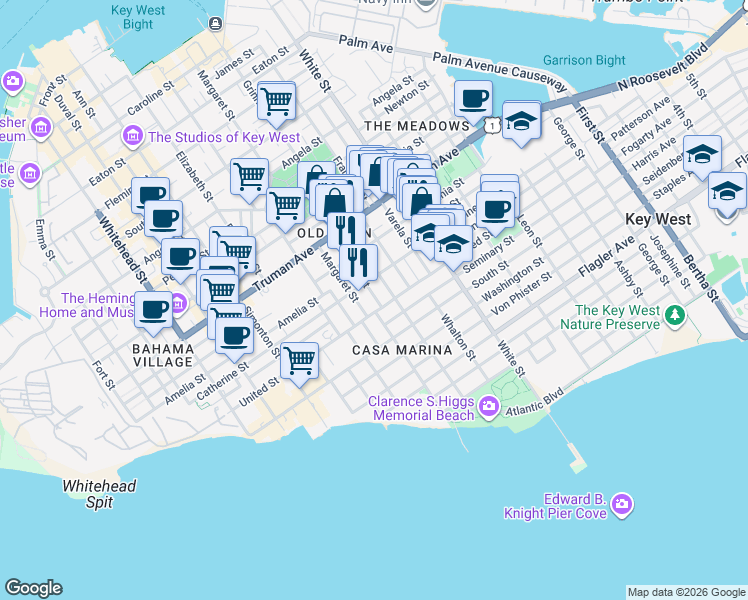 map of restaurants, bars, coffee shops, grocery stores, and more near 1221 Packer Street in Key West