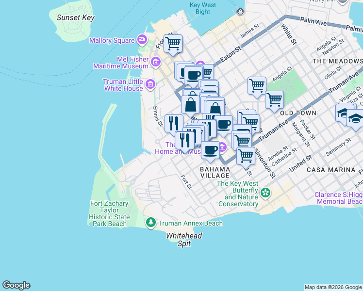 map of restaurants, bars, coffee shops, grocery stores, and more near 220 Angela Street in Key West