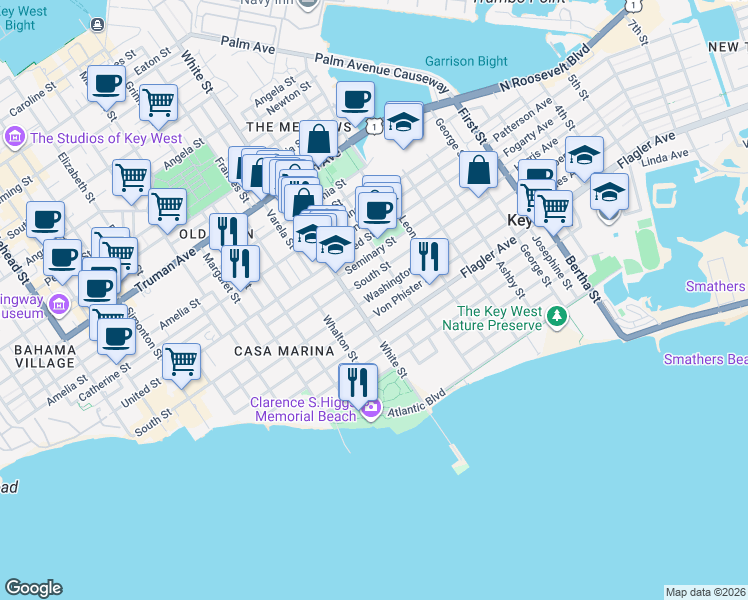 map of restaurants, bars, coffee shops, grocery stores, and more near in Key West