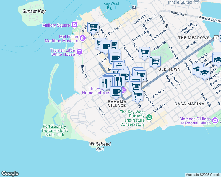 map of restaurants, bars, coffee shops, grocery stores, and more near 315 Petronia Street in Key West