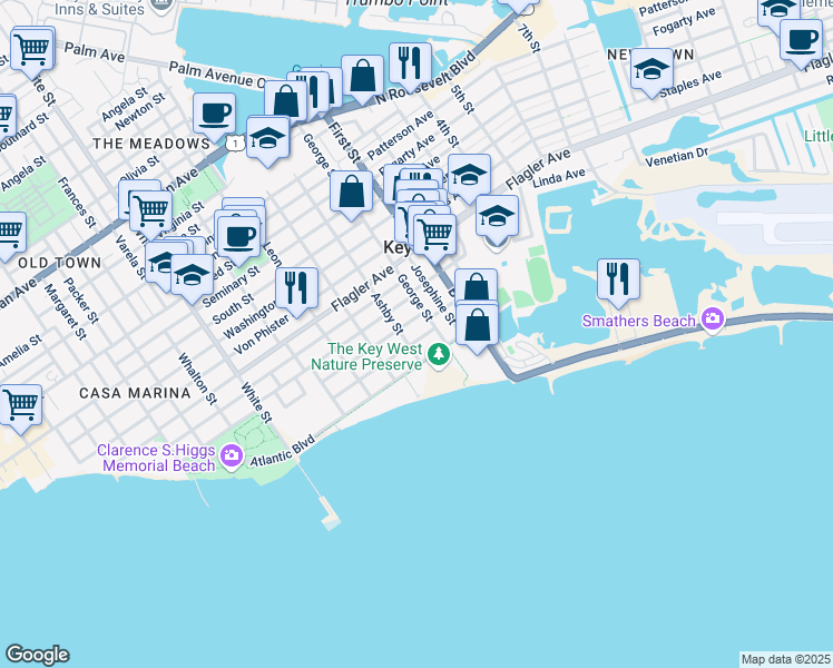 map of restaurants, bars, coffee shops, grocery stores, and more near 1709 Patricia St in Key West