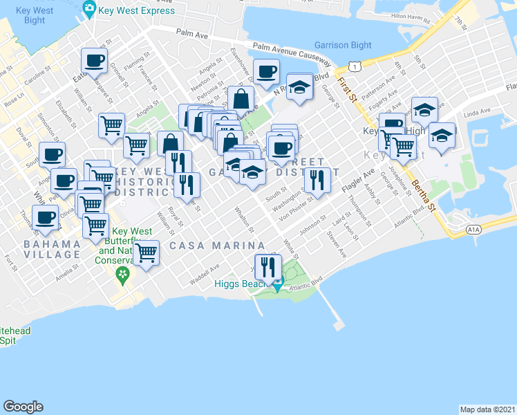 map of restaurants, bars, coffee shops, grocery stores, and more near 1115 South Street in Key West