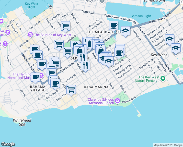map of restaurants, bars, coffee shops, grocery stores, and more near 1221 Packer Street in Key West