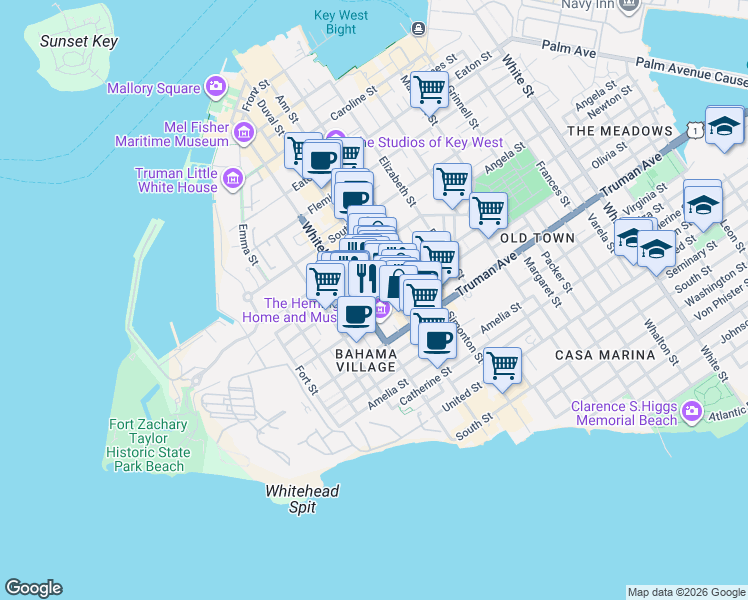 map of restaurants, bars, coffee shops, grocery stores, and more near 818 Shavers Lane in Key West