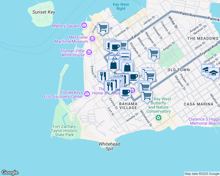 map of restaurants, bars, coffee shops, grocery stores, and more near 220 Angela Street in Key West