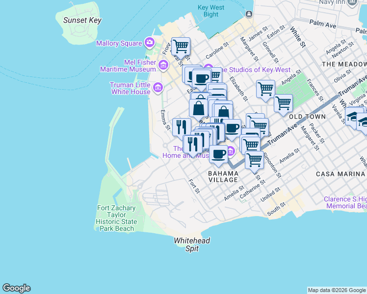 map of restaurants, bars, coffee shops, grocery stores, and more near 220 Angela Street in Key West