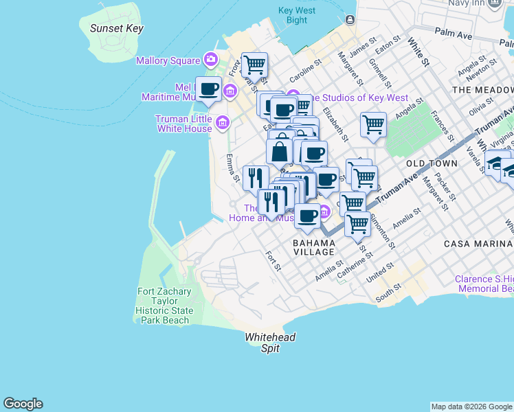 map of restaurants, bars, coffee shops, grocery stores, and more near 106 Southard Street in Key West