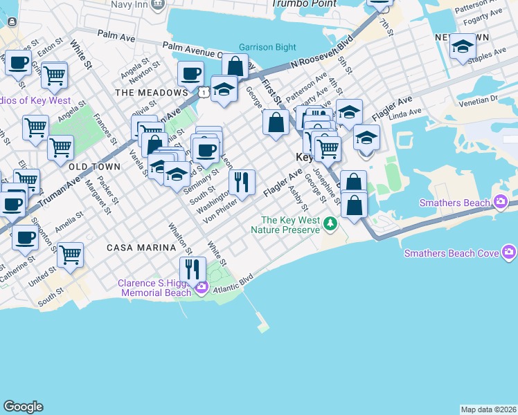 map of restaurants, bars, coffee shops, grocery stores, and more near 1509 Laird Street in Key West