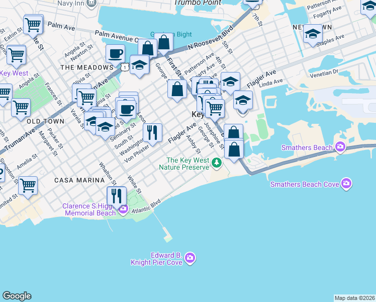 map of restaurants, bars, coffee shops, grocery stores, and more near 1611 Rose Street in Key West